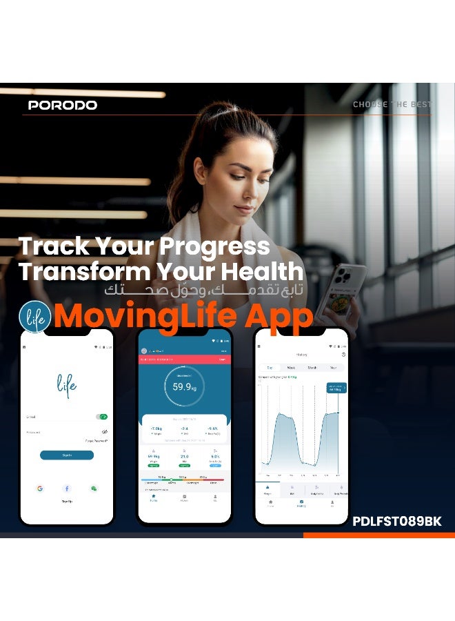 بورودو ميزان ذكي لتحليل نمط الحياة بدقة مزود بـ 8 أقطاب كهربائية دقيقة / أقصى وزن 180 كجم / درجة العافية / نسبة الدهون في الجسم / كثافة العظام / عضلات الجسم / مستوى الترطيب - أسود - Image 4